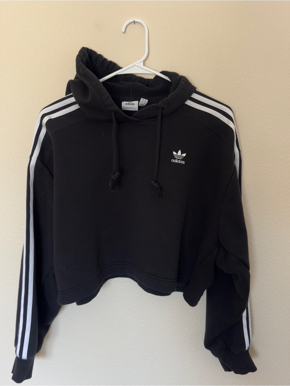 adidas Black Cropped Hoodie with White Stripe Accents